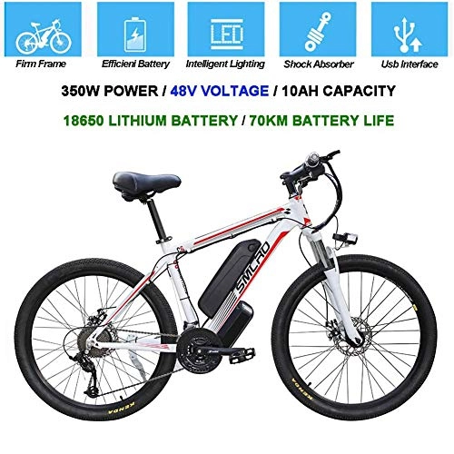 Electric Mountain Bike : HSART Mountain Bike for Adult 26 Inches 48V 10AH Lithium-Ion Battery Electric Mountain Bicycle 21 Speed Urban Commute E-Bike Three Working Modes(White)