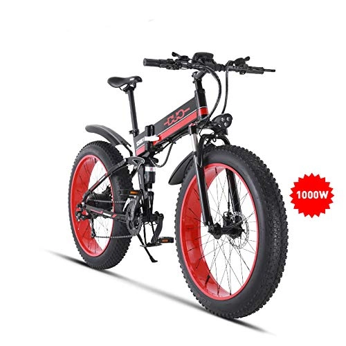 Electric Mountain Bike : HUAEAST Folding E-Bike, 1000W 48V Fat Tire Mountain Bike MTB Dual Suspension for Snow, Beach Electric Bike