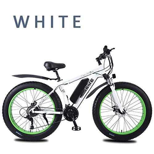 Electric Mountain Bike : HWOEK Adults Snow Electric Bike, Lockable Front Fork Shock Absorption 26 Inch 4.0Fat Tires Mountain E-Bike 27 Speed Dual Disc Brakes 36V Removable Battery, White, 8AH
