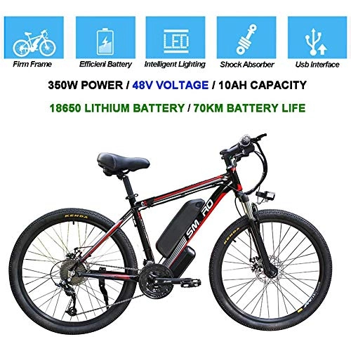 Electric Mountain Bike : HWOEK Electric Mountain Bike, 26 Inch City Commute Ebike Removable 48V / 10Ah Battery 21 Speed Gear Dual Disc brakes for Sport Cycling, Black red