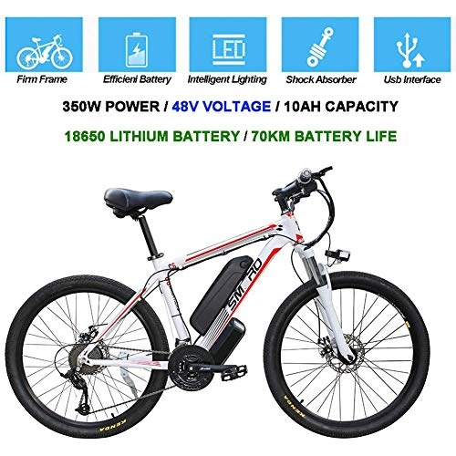Electric Mountain Bike : HWOEK Electric Mountain Bike, 26 Inch City Commute Ebike Removable 48V / 10Ah Battery 21 Speed Gear Dual Disc brakes for Sport Cycling, white red