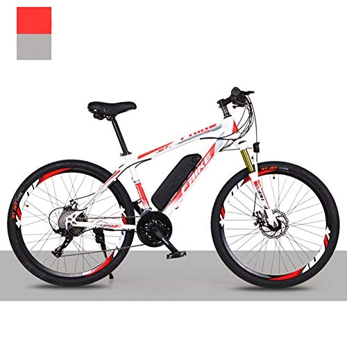 Electric Mountain Bike : HWOEK Electric Mountain Bike for Adult, 36V Removable Lithium Battery 26 Inch High Carbon Steel Electric Bicycle 21 / 27 Speed Dual Disc Brakes, white red, B 10AH 52KM