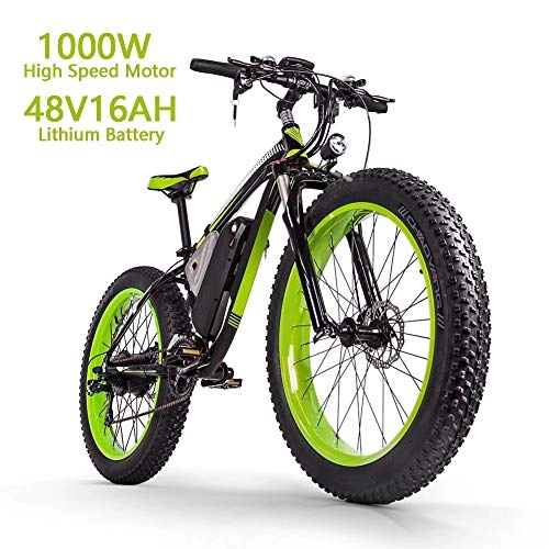 Electric Mountain Bike : HZYK Electric Mountain Bike 1000w 26'' Fat Tire E-Bike 48v 16ah Lithium-Ion Battery Full Suspension 21 Speed Shifter Mountain Bike Double Disc Brakes Adults Smart Lcd Meter, green