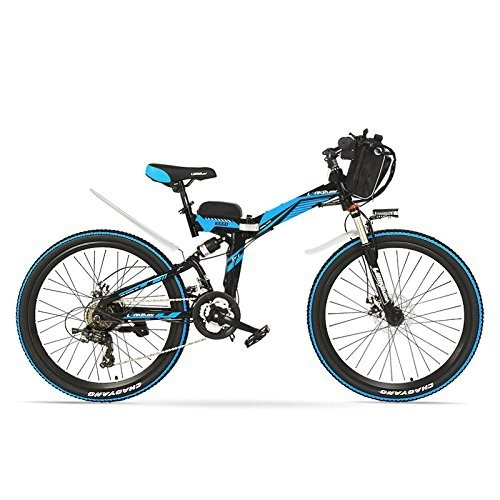 Electric Mountain Bike : K660 24 inches, 48V 240W Folding Electric Bicycle, Full Suspension, Disc Brakes, E Bike, Mountain Bike. (Black Blue, Plus 1 Spared Battery)