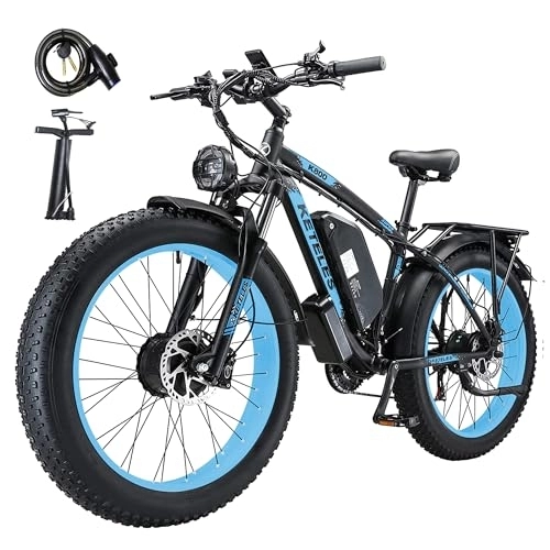 Electric Mountain Bike : KETELES K800 Electric-Bicycle Dual-Motor Electric-Dirt-Bike, 26 x 4.0 Inch Fat-Tyre-Electric-Bike 23Ah Battery with Removable Li-Ion Battery and 21 Speed Gear for Adults-Men，Blue (UK Warehouse)