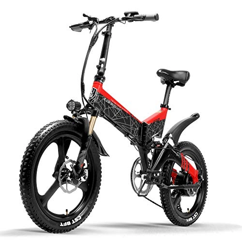 Electric Mountain Bike : LANKELEISI G650 Electric Bicycle 20 Inch Mountain Bike Folding E-bike 400W 48V Lithium Battery 7 Speed Pedal Assist Bicycle Full Suspension (Red, 1 Extra 12.8Ah)