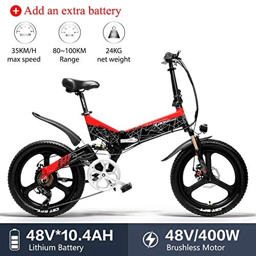 Electric Mountain Bike : LANKELEISI G650 Electric Bicycle 20 x 2.4 inch Mountain Bike Folding Electric city Bike for Adult 400w 48v 10.4ah Lithium Battery Shimano 7 Speed for woman / man bike (Red + 1 extra battery)