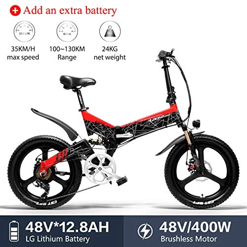 Electric Mountain Bike : LANKELEISI G650 Electric Bicycle 20 x 2.4 inch Mountain Bike Folding Electric city Bike for Adult 400w 48v 12.8ah LG Lithium Battery Shimano 7 Speed for woman / man bike ... (Red +1 extra Battery)