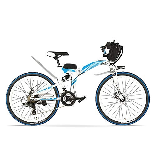 Electric Mountain Bike : LANKELEISI K660 26 Inch Powerful Folding Electric Bicycle, 21 Speed Mountain Bike, 48V 500W Motor, Full Suspension, Front and Rear Disc Brake (White Blue)