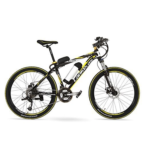 Electric Mountain Bike : LANKELEISI MX2000 26" 48V 10Ah Mountain Bike, Big Power Lithium Battery E Bike 27 Speeds, Disc Brake, 30~40km / h (Black Yellow, Plus 1 Spared Battery)