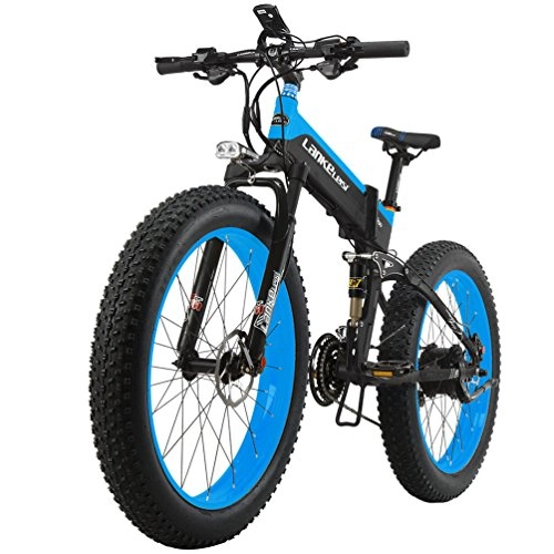 Electric Mountain Bike : Lankeleisi Powerful 1000W Electric Bike 26 Inches 4.0Fat 48V 10AH Ebike 27Speed Mountain Bike Folding Bike, black-blue