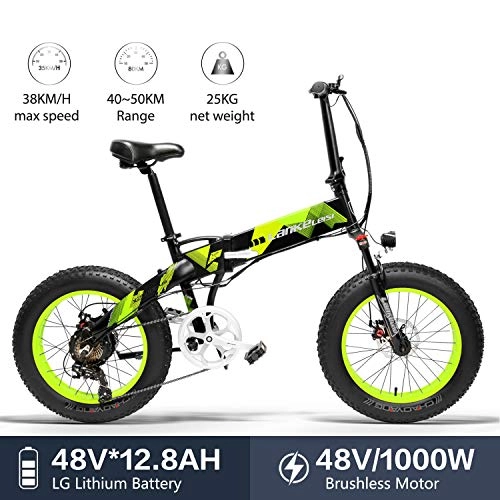 Electric Mountain Bike : LANKELEISI X2000 48V 1000W 12.8AH 20 x 4.0 Inch Fat Tire 7 speed Shimano Shifting Lever Electric Bike Foldable, for Adult Female / Male for mountain bike snow bike (Geen)