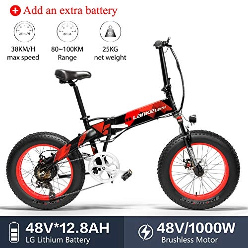 Electric Mountain Bike : LANKELEISI X2000 48V 1000W 12.8AH 20 x 4.0 Inch Fat Tire 7 speed Shimano Shifting Lever Electric Bike Foldable, for Adult Female / Male for mountain bike snow bike (Red +1 extra battery)