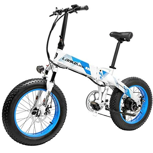 Electric Mountain Bike : LANKELEISI X2000 7 Speed Folding Electric Bicycle 48V 500W Motor 20 * 4.0 Inch Fat Tire Mountain Bike Snow Bike Assisted E-bike for Adult (Blue, 1 Extra 14.5Ah)
