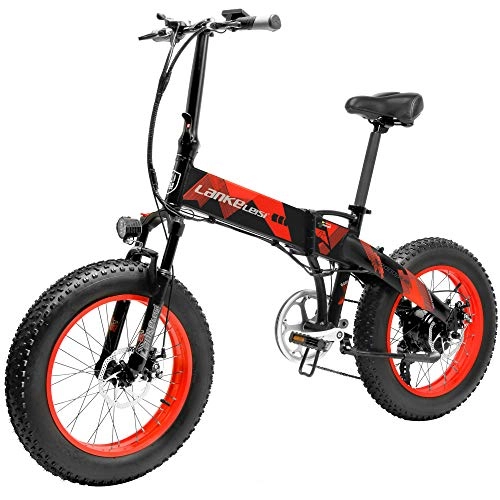 Electric Mountain Bike : LANKELEISI X2000 7 Speed Folding Electric Bicycle 48V 500W Motor 20 * 4.0 Inch Fat Tire Mountain Bike Snow Bike Assisted E-bike for Adult (Red, 1 Extra 14.5Ah)