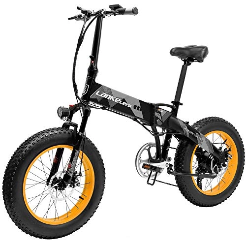 Electric Mountain Bike : LANKELEISI X2000 7 Speed Folding Electric Bicycle 48V 500W Motor 20 * 4.0 Inch Fat Tire Mountain Bike Snow Bike Assisted E-bike for Adult (Yellow, 14.5Ah)
