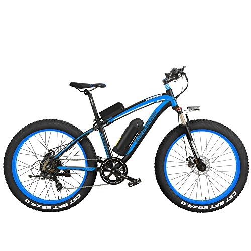 Electric Mountain Bike : LANKELEISI XF4000 26 inch Electric Mountain Bike Mens Cruiser Cycling Roadbike 4.0 Fat Tire Snow Bkie 500W Strong Power 48V Lithium-Ion Battery 7 Speed Suspension Fork (Black Blue, 500W)