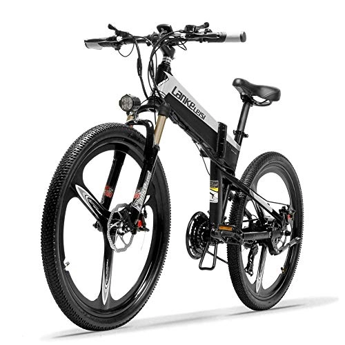 Electric Mountain Bike : LANKELEISI XT600 26'' Folding Ebike 400W 12.8Ah Removable Battery 21 Speed Mountain Bike 5 Level Pedal Assist Lockable Suspension Fork (Black Grey, 10.4Ah Standard)