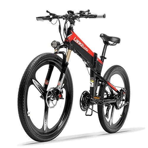 Electric Mountain Bike : LANKELEISI XT600 26'' Folding Ebike 400W 12.8Ah Removable Battery 21 Speed Mountain Bike 5 Level Pedal Assist Lockable Suspension Fork (Black Red, 10.4Ah + 1 Spare Battery)