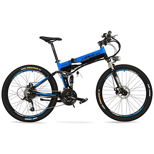 Electric Mountain Bike : LANKELEISI XT750 36V 12.8Ah Hidden Lithium Battery, 26" Folding Electric Bicycle, Speed 25~35km / h, High Quality Mountain Bike, Suspension Fork (Black Blue, Plus 1 Spare Battery)