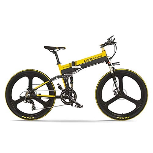 Electric Mountain Bike : LANKELEISI XT750-E 26 Inch Folding Electric Bike, Front & Rear Disc Brake, 48V 400W Motor, Long Endurance, with LCD Display, Pedal Assist Bicycle (Black Yellow, 14.5Ah + 1 Spare Battery)