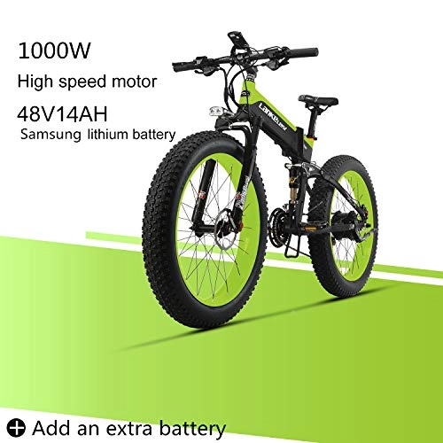 Electric Mountain Bike : LANKELEISI XT750PLUS 48V 14AH 1000W Engine New Almighty Powerful Electric Bike 26 '' 4.0 Wholesale Tire Ebike 27 Speed Snow MTB Folding Electric Bike for Adult Female / Male (Green + 1 extra Battery)