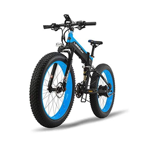 Electric Mountain Bike : MERRYHE Adult Folding Electric Bicycle Road Mountain Snow Bike Wide Tire All Terrain 26 inch Fold Power Bicycle 48V Lithium Battery Moped, Blue-48V10ah