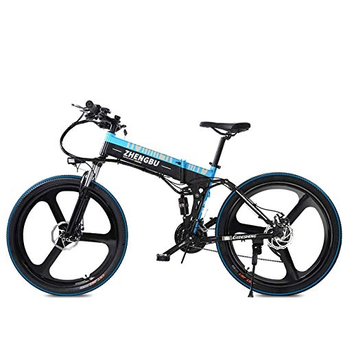 Electric Mountain Bike : MERRYHE Folding Electric Bicycle Mountain Road Bicycle Adult Moped City Power Bicycle High-intensity Double-gas Shock Absorption, Blue-48V10AH