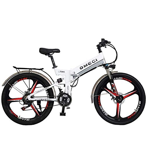 Electric Mountain Bike : MERRYHE Folding Electric Bike Road Mountain Bicycle Overall Wheel 26 inch Adult Fold Power Bicycle 48V Lithium Battery Off-road Moped, White-48V10ah