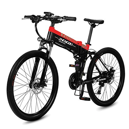 Electric Mountain Bike : MERRYHE Folding Electric Mountain Bicycle 240W 48V 10AH Removable Li-Battery Cruiser Bike 27 Speeds Beach Snow Road Bikes Disc Brakes Full Suspension 26 Inch Tire, Red-48V10AH