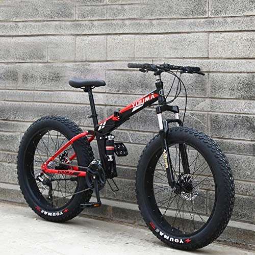 Electric Mountain Bike : Mountain Bike, Foldable 20" High Carbon Steel Double Shock Absorption Bicycle 21 Speed 4.0 Super Wide Tire Off Road Transmission Men And Women Pass, Redblack
