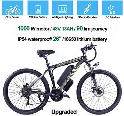 Electric Mountain Bike : MRXW Electric Bicycles for Adults, Ip54 Waterproof 500W 1000W Aluminum Alloy Ebike Bicycle Removable 48V / 13Ah, Lithium-Ion Battery Mountain Bike / Commute Ebike, Black green, 500W