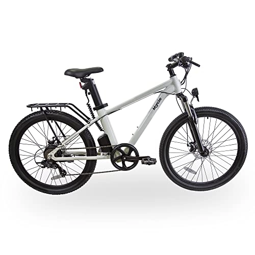 Electric Mountain Bike : Mycle Climber Electric Mountain Bike with Removable LG12.8Ah Battery | Shimano 250W High Speed Motor | 70km Range | 5 Power Levels & Microshift 7 Speed Gears | 26” Tyres | LCD USB Display (City White)