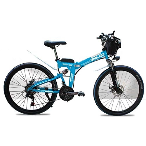 Electric Mountain Bike : NZ-Children's bicycles 48V Electric Mountain Bike, 26 Inch Folding E-bike with 4.0" Fat Tyres Spoke Wheels, Premium Full Suspension, Blue