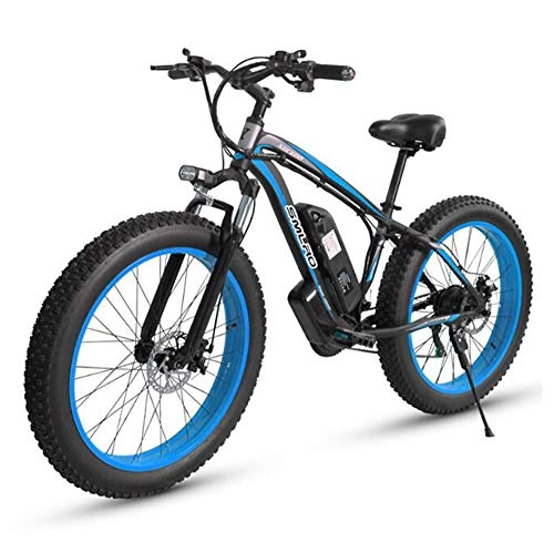 Electric Mountain Bike : ONLYU Electric Mountain Bikes, 26 * 4.0 Inch Fat Tire Electric Beach Snow Bike with Battery Lock 36V 10Ah High Capacity 27-Speed Disc Brake Lithium Battery Electric Bicycle, black blue