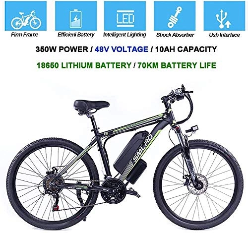 Electric Mountain Bike : PARTAS Sightseeing / Commuting Tool - Electric Bicycles For Adults, 360W Aluminum Alloy Ebike Bicycle Removable 48V / 10Ah Lithium-Ion Battery Mountain Bike / Commute Ebike (Color : Black Green)