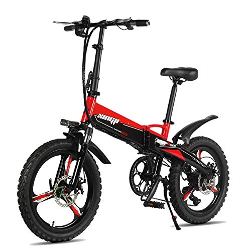 Electric Mountain Bike : PXQ Electric Mountain Bike 48V Adults Aluminum Alloy 20" Folding E-bike Bicycles with 7-speeds Shift and Max Speed 30KM / H, Full Suspension Fork and Double Shock Absorber, Red