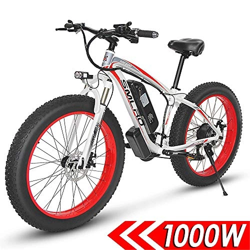 Electric Mountain Bike : QDWRF 1000W Mountain Ebike Electric Bike, 26"for Road / Beach / Sch Bike Tires, Fat Electric Mountain Bike (Red)