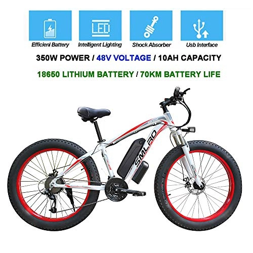 Electric Mountain Bike : QDWRF Fat Electric Mountain Bike, 26 Inches Electric Mountain Bike 4.0 Fat Tire Snow Bike 350W High Power 48V Lithium Battery, 21 Speeds, Up to 35km / H A