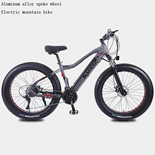Electric Mountain Bike : QZ Adult Fat Tire Electric Mountain Bike, 27 speed Snow Bikes, Portable 10Ah Li-Battery Beach Cruiser Bicycle, Lightweight Aluminum Alloy Frame, 26 Inch Wheels (Color : Grey)