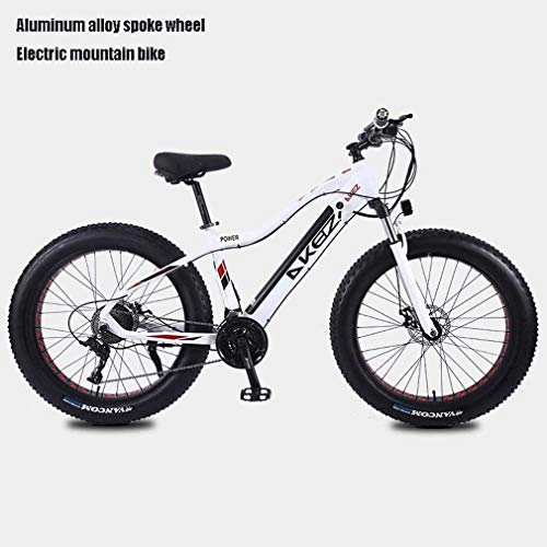 Electric Mountain Bike : QZ Adult Fat Tire Electric Mountain Bike, 27 speed Snow Bikes, Portable 10Ah Li-Battery Beach Cruiser Bicycle, Lightweight Aluminum Alloy Frame, 26 Inch Wheels (Color : White)