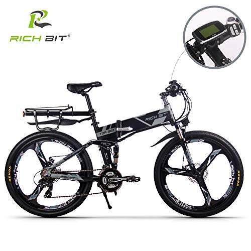Electric Mountain Bike : RICH BIT Electric Bicycle 250W 36V 12.8Ah Lithium Battery Folding E-bike LCD Display Smart Mountain Bike Gray (GRAY 2.0)