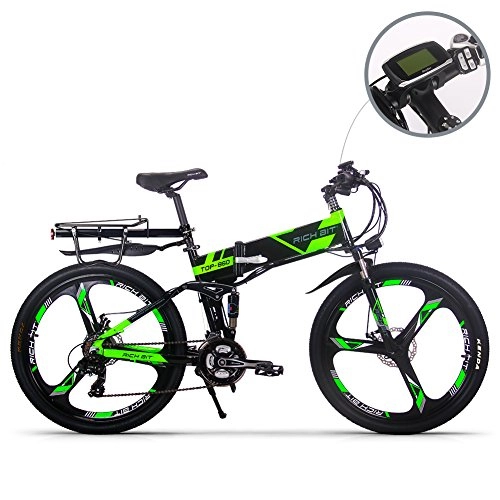 Electric Mountain Bike : RICH BIT Electric Bicycle 250W 36V 12.8Ah Lithium Battery Folding E-bike LCD Display Smart Mountain Bike Green
