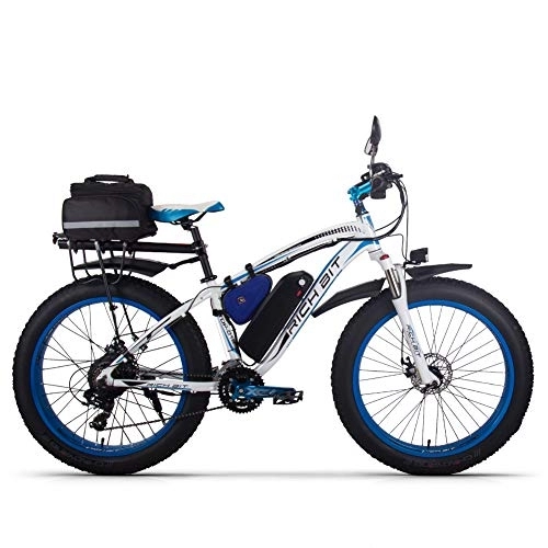 Electric Mountain Bike : RICH BIT Electric bike Ebike mountain bike, 26" fat tire electric bike with 48V 17Ah / lithium battery and Shimano 21 gears (blue-plus)