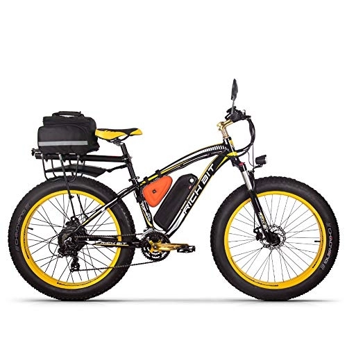 Electric Mountain Bike : RICH BIT Electric bike Ebike mountain bike, 26" fat tire electric bike with 48V 17Ah / lithium battery and Shimano 21 gears (yellow-plus)