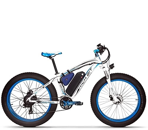 Electric Mountain Bike : Rich BIT Electric Bike RT-022 brushless Motor 48V*17Ah LG li-Battery Smart e-Bike Dual Disc Brake Shimano 21-Speed (White-Blue)