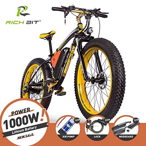 Electric Mountain Bike : RICH BIT Electric Bike RT012 1000W brushless Motor 48V*17Ah LG li-Battery Smart e-Bike Dual disc Brake Shimano 21-Speed (yellow)