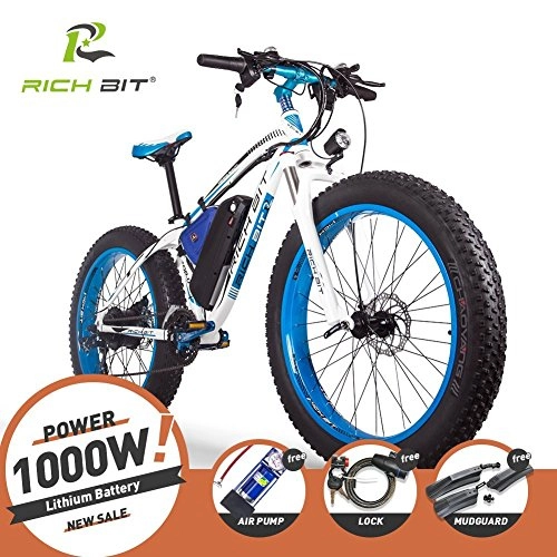 Electric Mountain Bike : RICH BIT Electric Bikes Mens Cruiser Fat Bicycle TP012 1000W*48V*17Ah Fat Tire 26''*4.0inch 7 Gears SHIMANO Dearilleur Power Cycling Blue