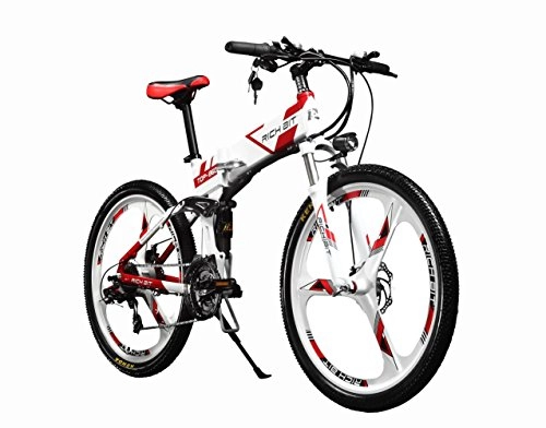 Electric Mountain Bike : RICH BIT Electric Folding Mountain Bike Mens Bicycle MTB RT860 250W*36V*8Ah 26 Inch Dual Suspension 21Speed SHIMANO Dearilleur LG Battery Cell Double Disc Brake White-Red (Magnescium)