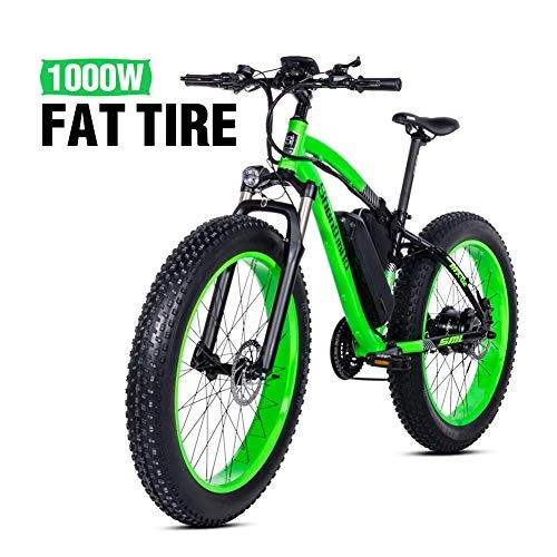Electric Mountain Bike : Shengmilo 1000W Motor 26 Inch Mountain E- Bike, Electric Bicycle, 4 inch Fat Tire, Only One 17AH Battery Included(GREEN)